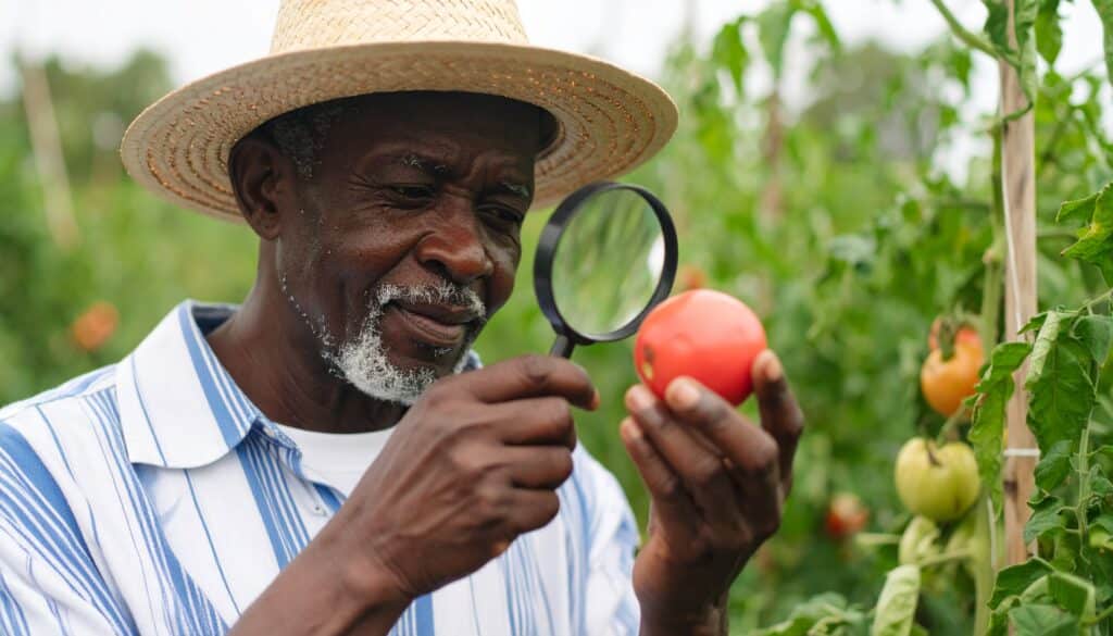 Un vieil homme avec un chapeau de paille regarde une tomate à la loupe. Un vieil homme avec un chapeau de paille regarde une tomate à la loupe.