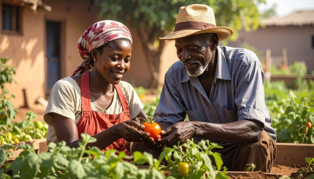 Moussa et Aminata cueillent les tomates