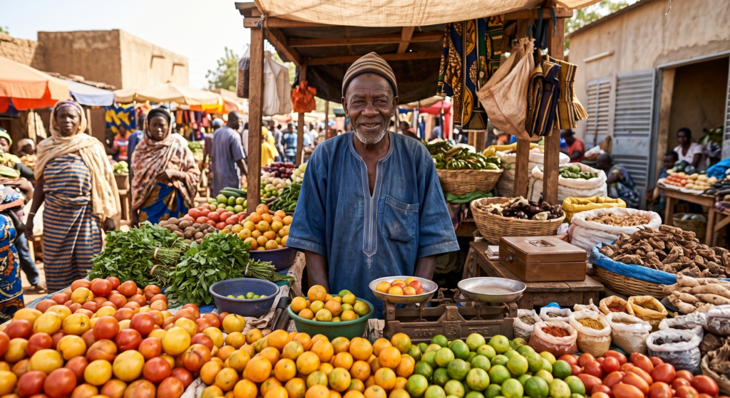 Au marché, vente des légumes