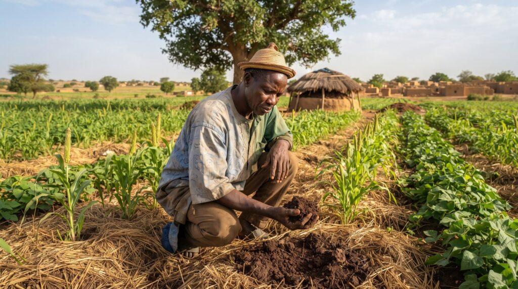 Producteur malien dans son champ de mil et de niébé, sol couvert de paille, tenant une poignée de terre