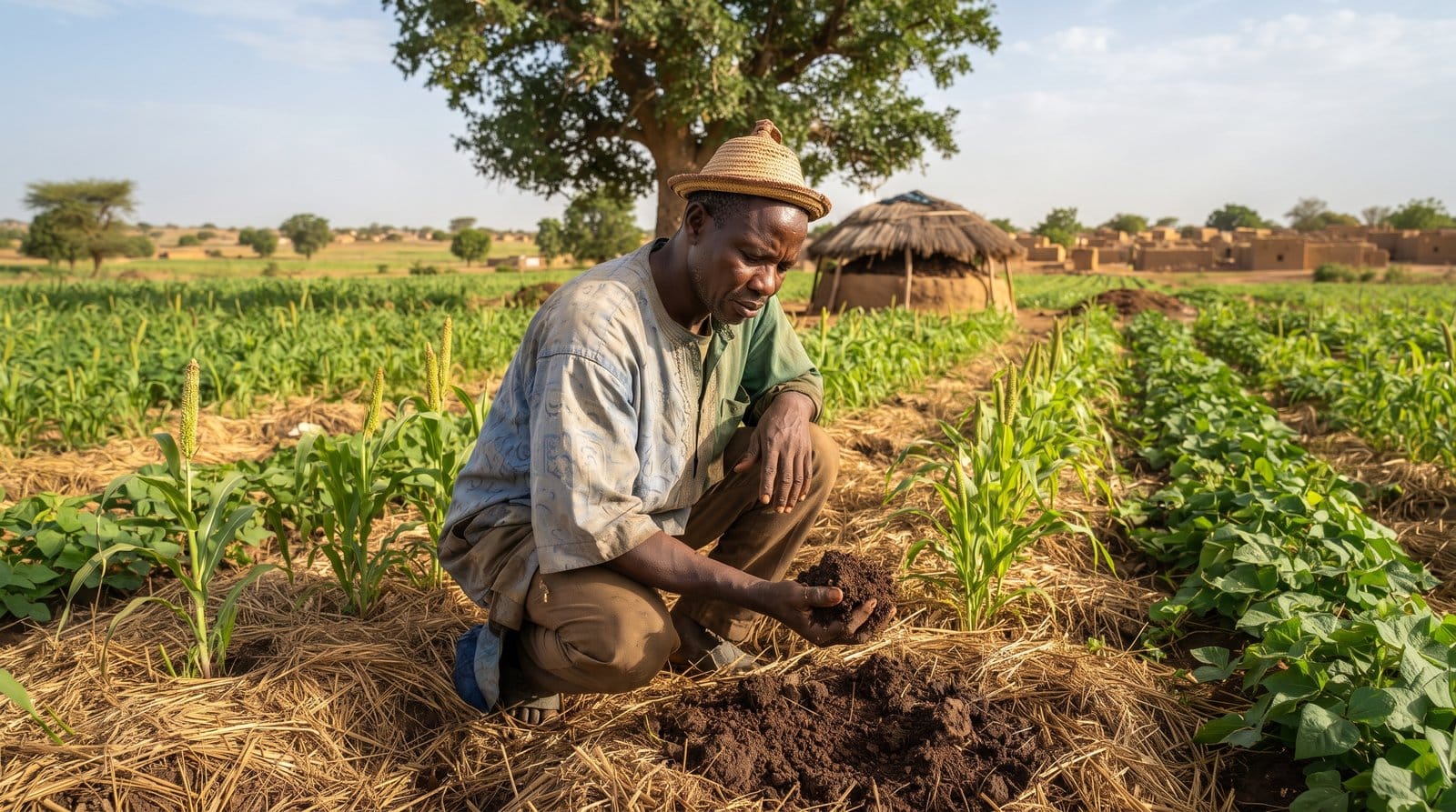 Producteur malien dans son champ de mil et de niébé, sol couvert de paille, tenant une poignée de terre