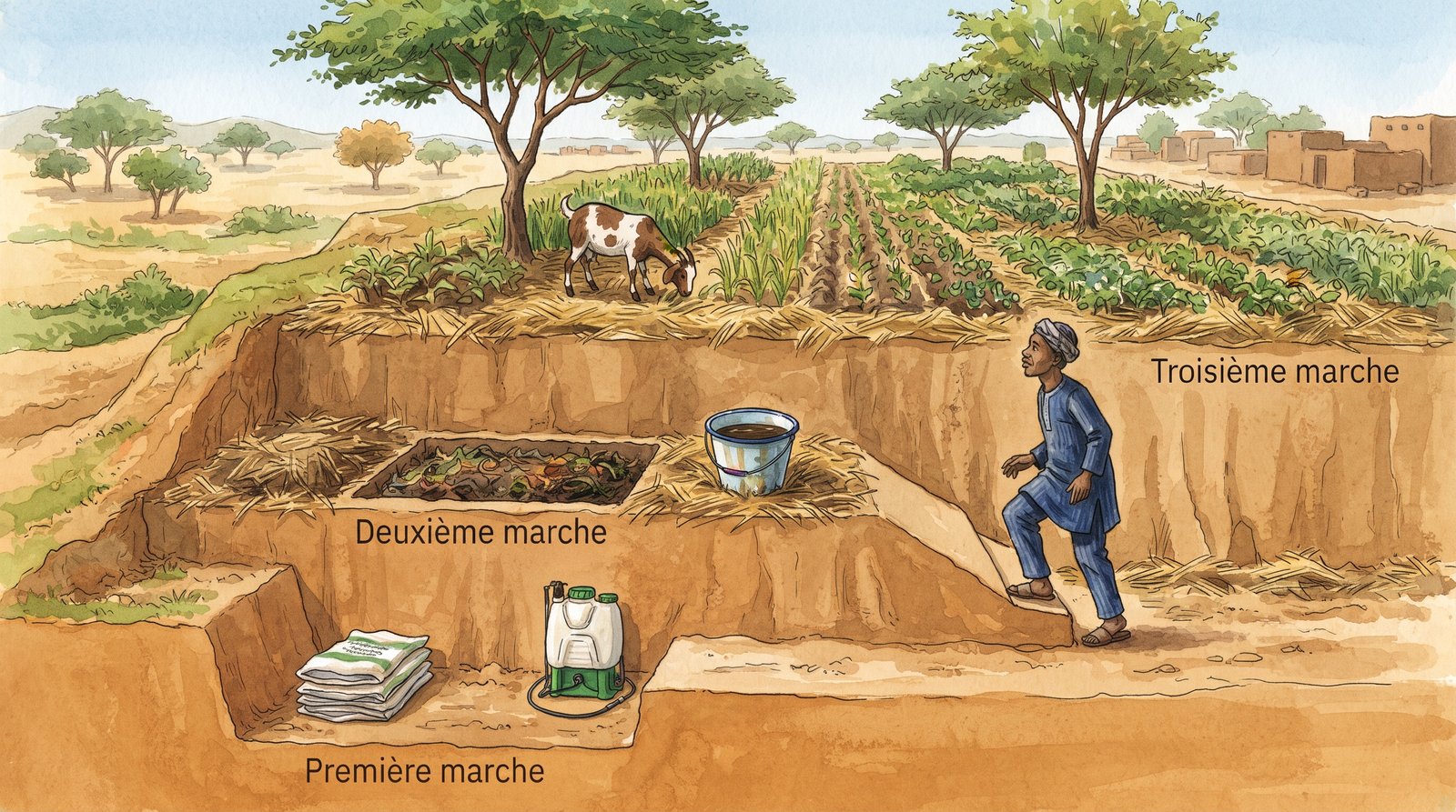 Illustration d'un escalier à trois marches : efficacité, substitution, reconception du système agricole
