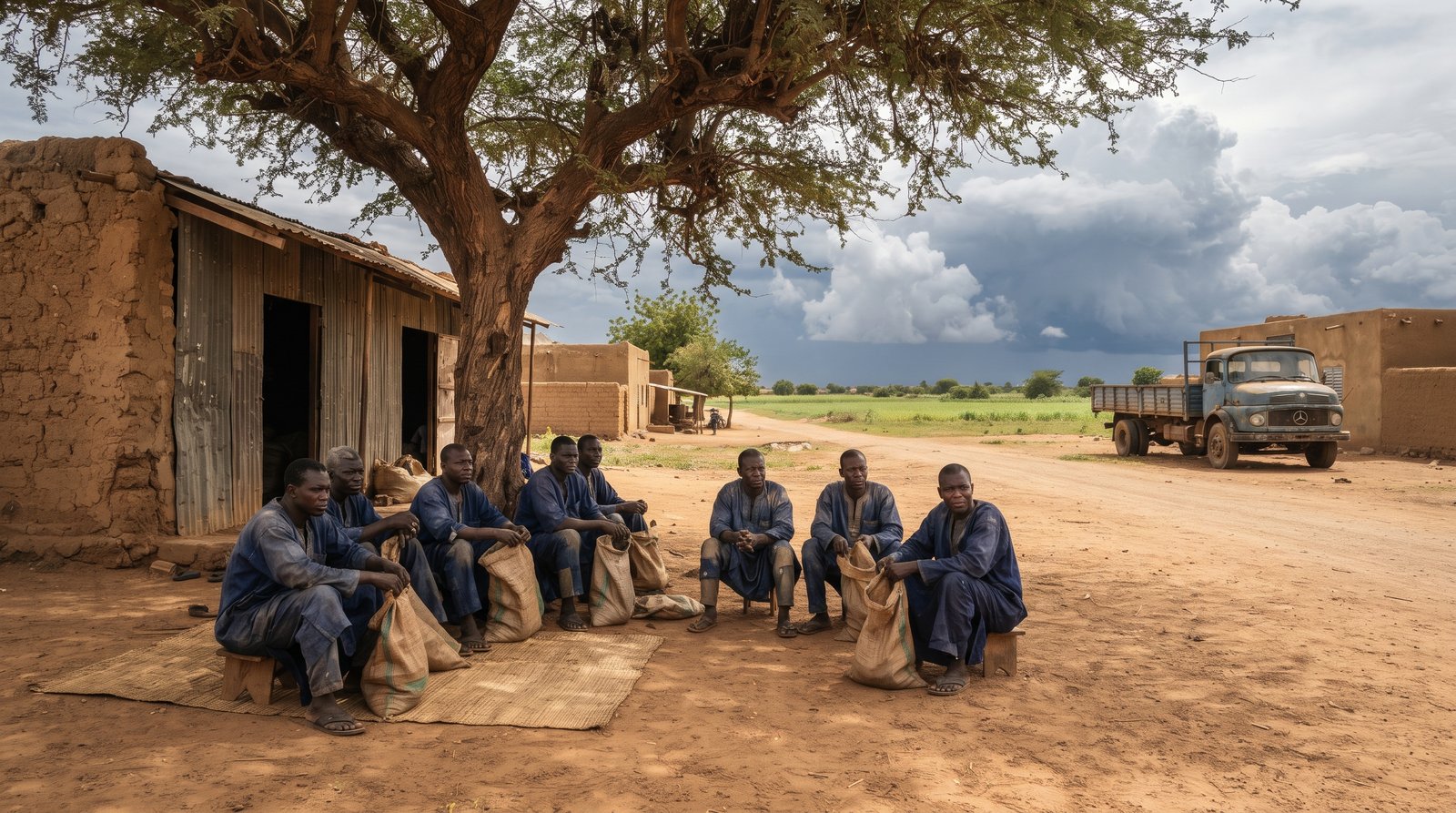 Producteurs maliens attendant une livraison d'engrais devant un dépôt d'intrants