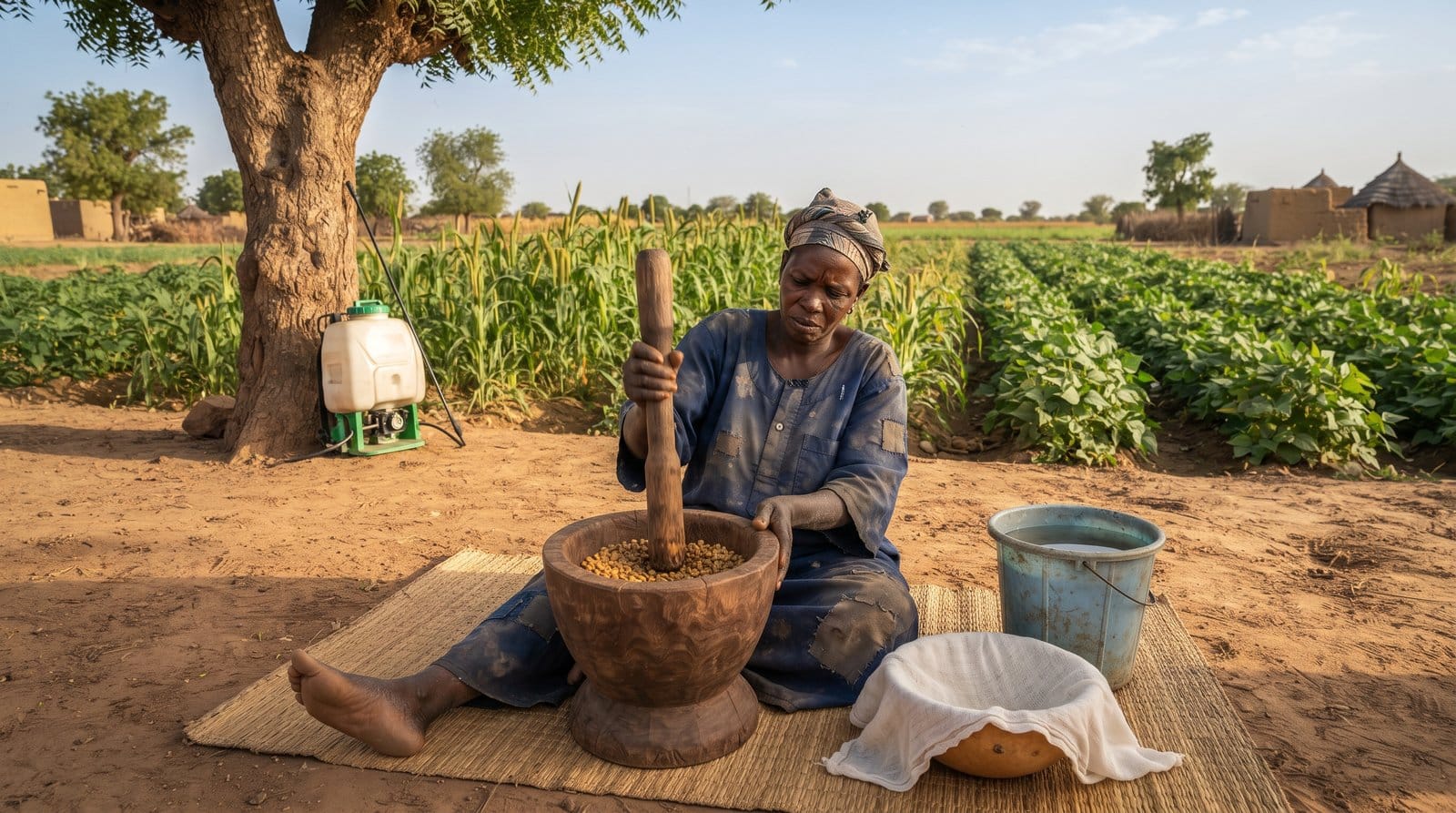 Productrice préparant un extrait de graines de neem près d'un champ de mil associé au niébé