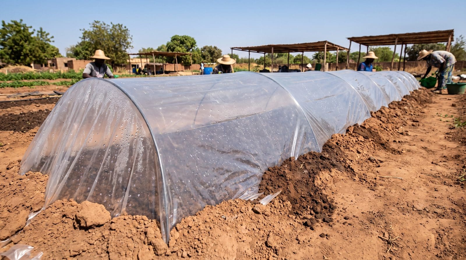 Bâche plastique transparente posée sur une planche de sol humide pour la solarisation
