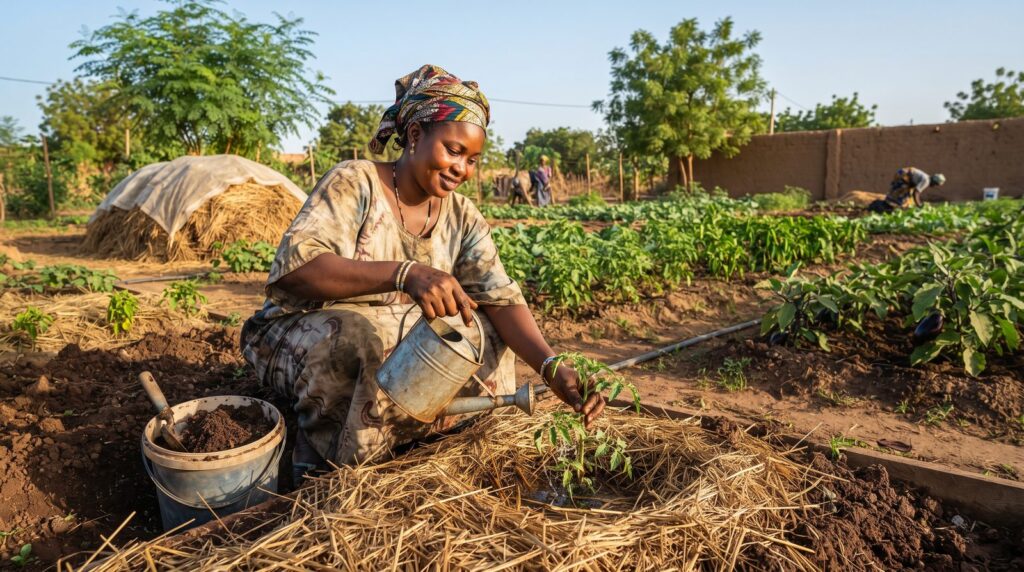Maraîchère arrosant au pied un jeune plant de tomate, avec un seau de compost à côté