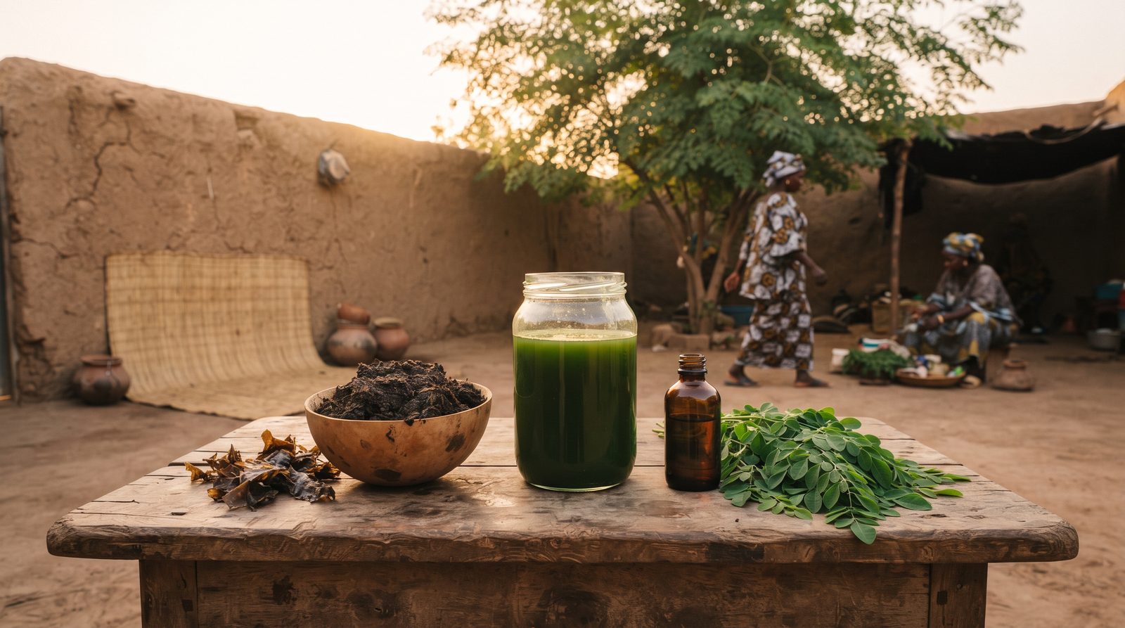 Extrait de moringa, lombricompost, algues séchées et flacon de biostimulant sur une table en bois