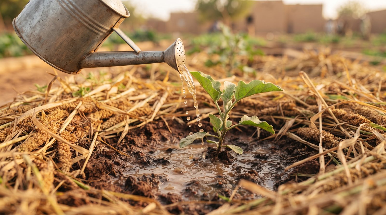 Apport d'un biostimulant liquide au pied d'un jeune plant d'aubergine