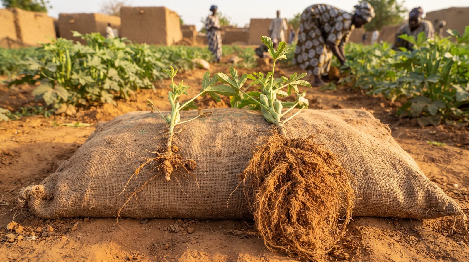 Comparaison de deux plants de gombo, l'un avec un système racinaire bien plus développé