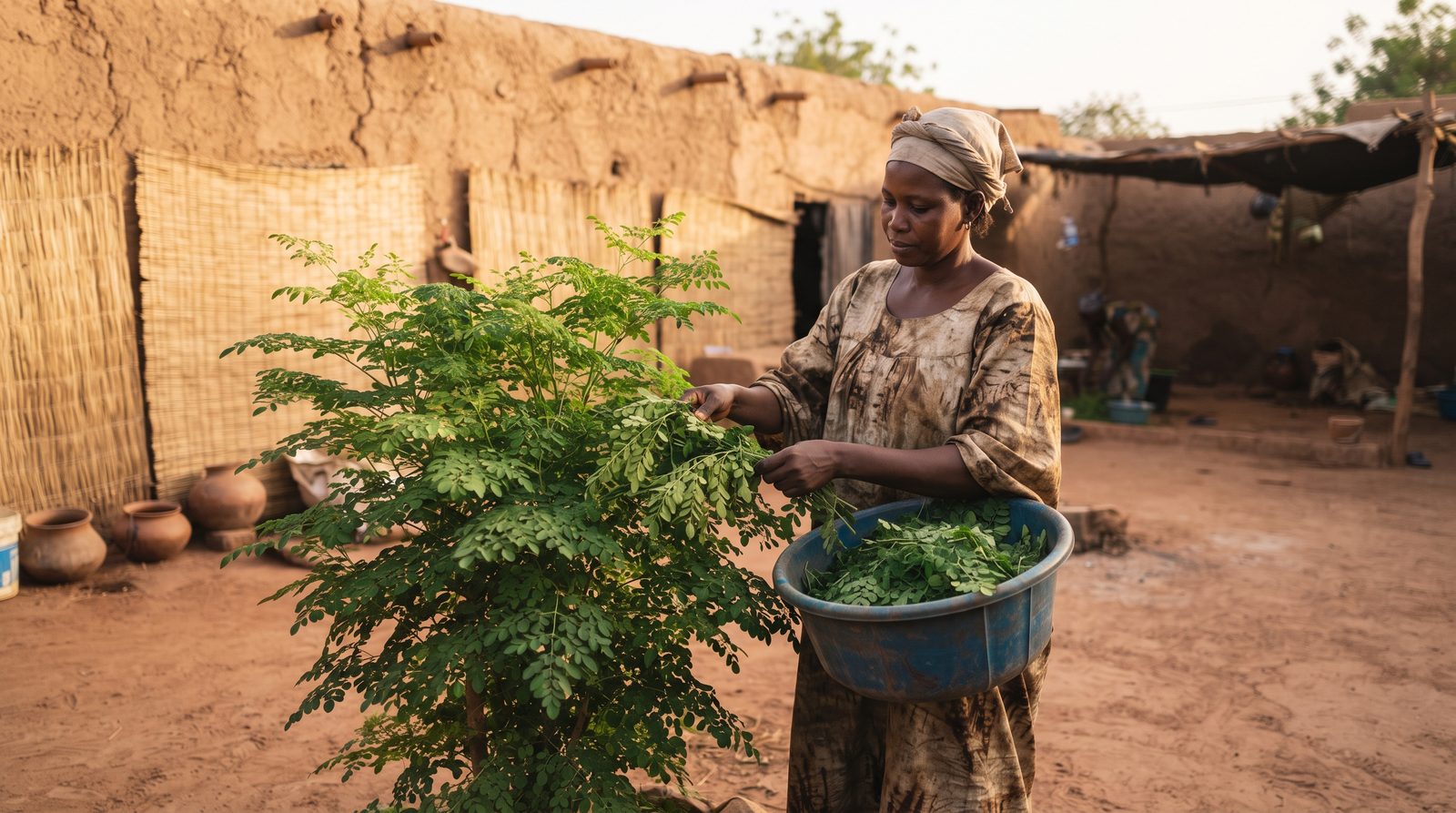 Femme cueillant des feuilles de moringa dans une cour à Bamako