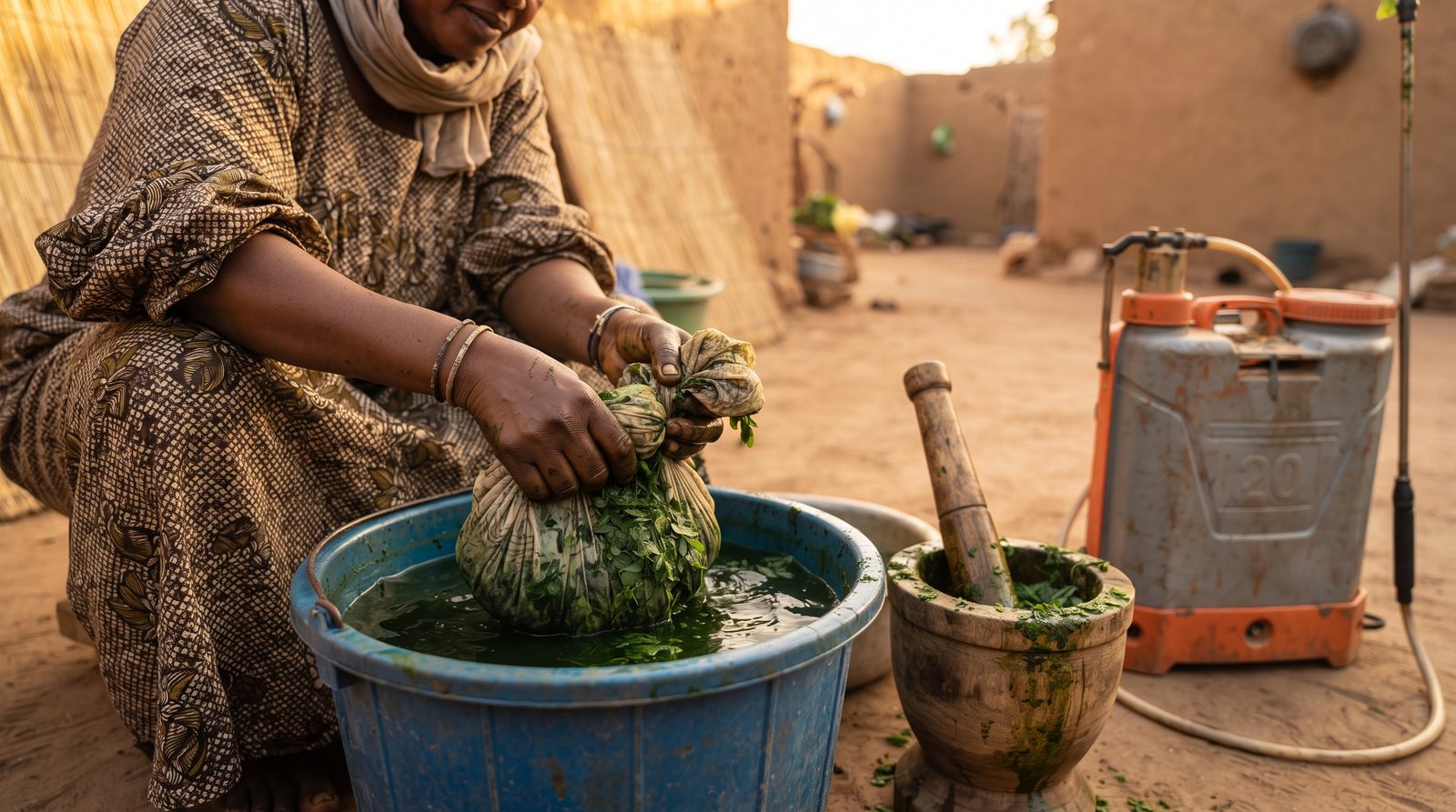 Préparation d'un extrait de feuilles de moringa dans un seau, à côté d'un pulvérisateur à dos