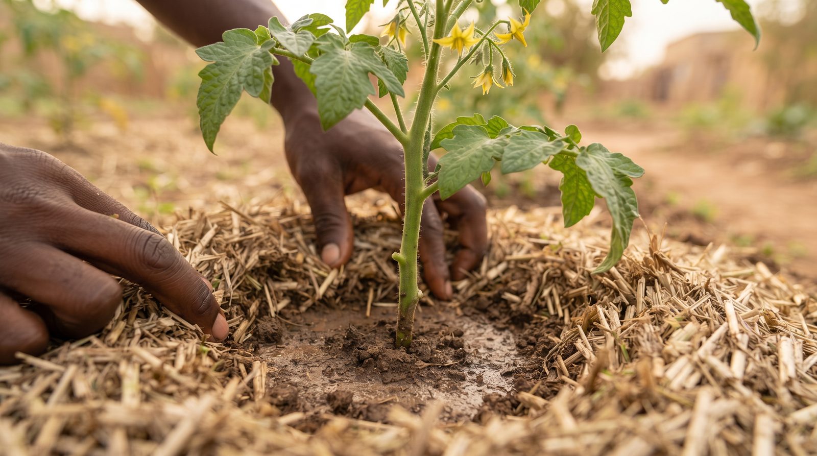 Mains écartant le paillis autour du pied d'un plant de tomate pour laisser le collet à l'air