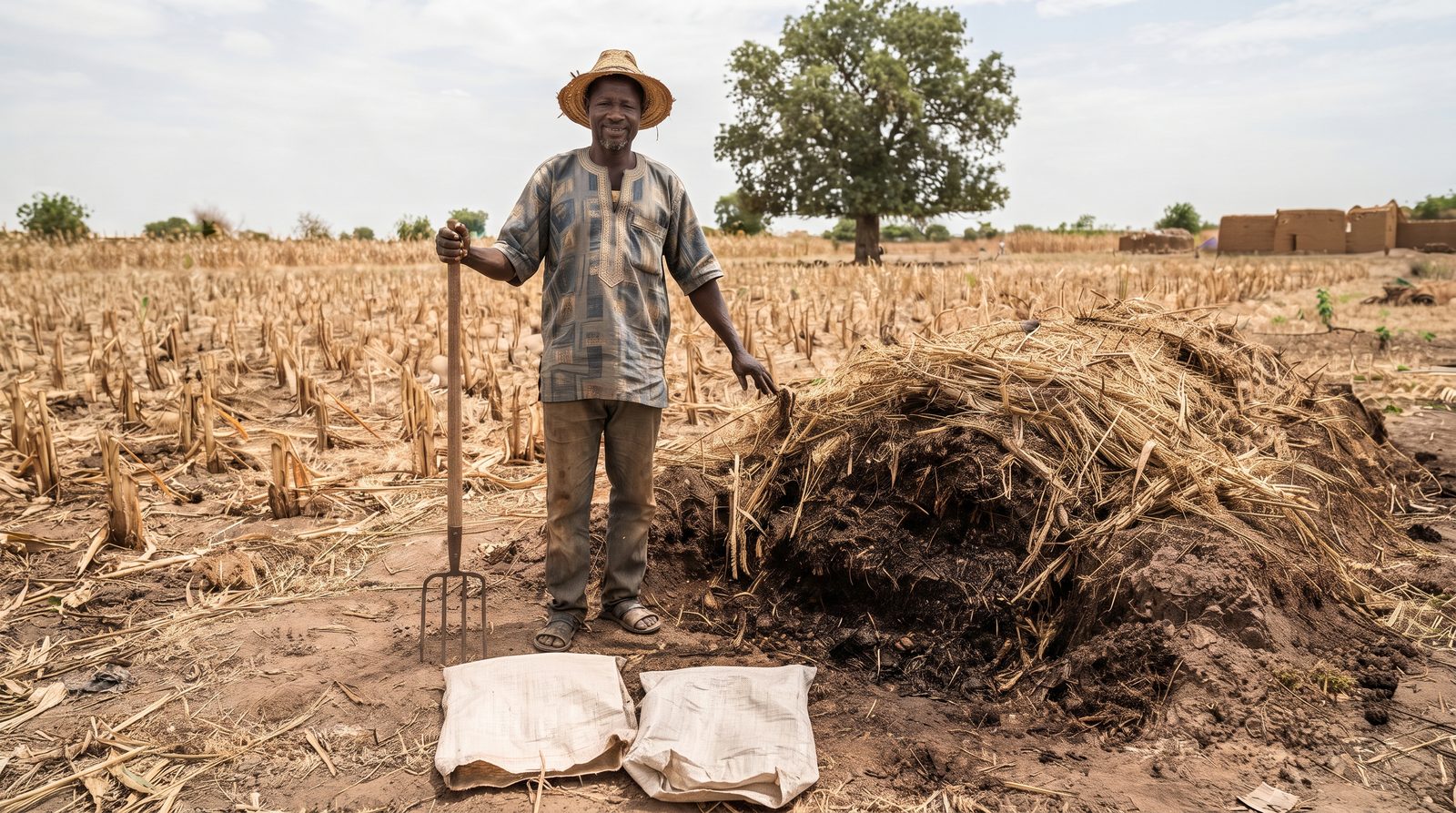 Producteur malien devant sa fosse de compost, avec des sacs d'engrais vides au premier plan