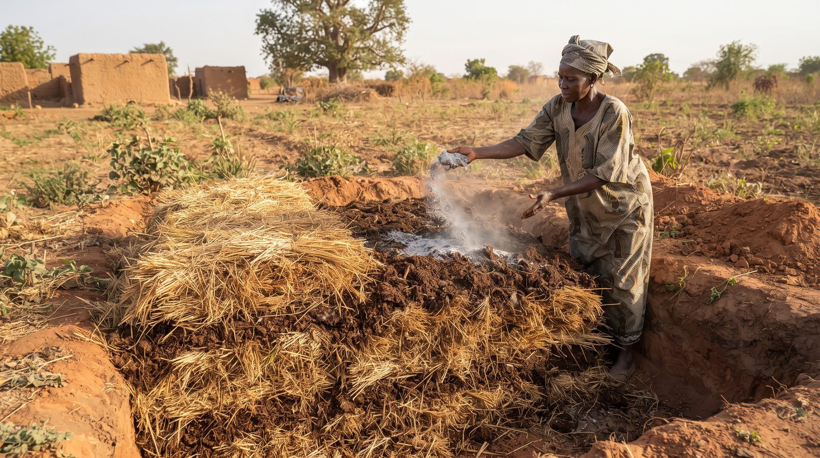 Couches alternées de paille sèche et de fumier dans une fosse de compost