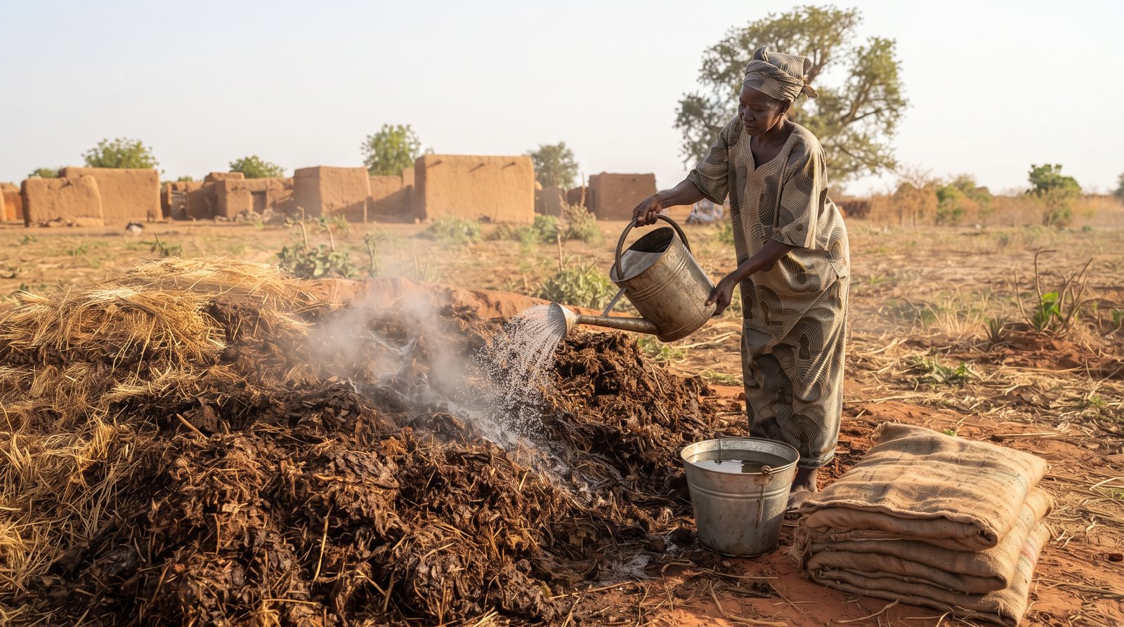 Productrice arrosant un tas de compost à l'arrosoir