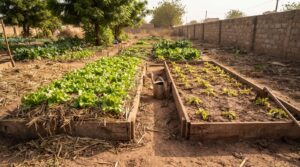 Planche de laitues paillée avec des tiges de mil à côté d'une planche nue, dans un jardin maraîcher de Bamako