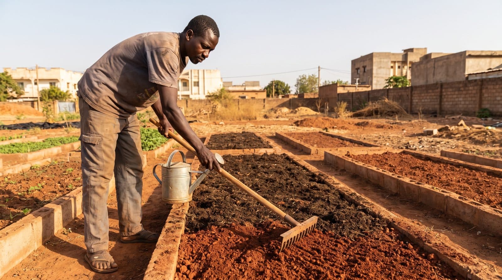 Maraîcher préparant une planche de pépinière au râteau avec du compost à Bamako