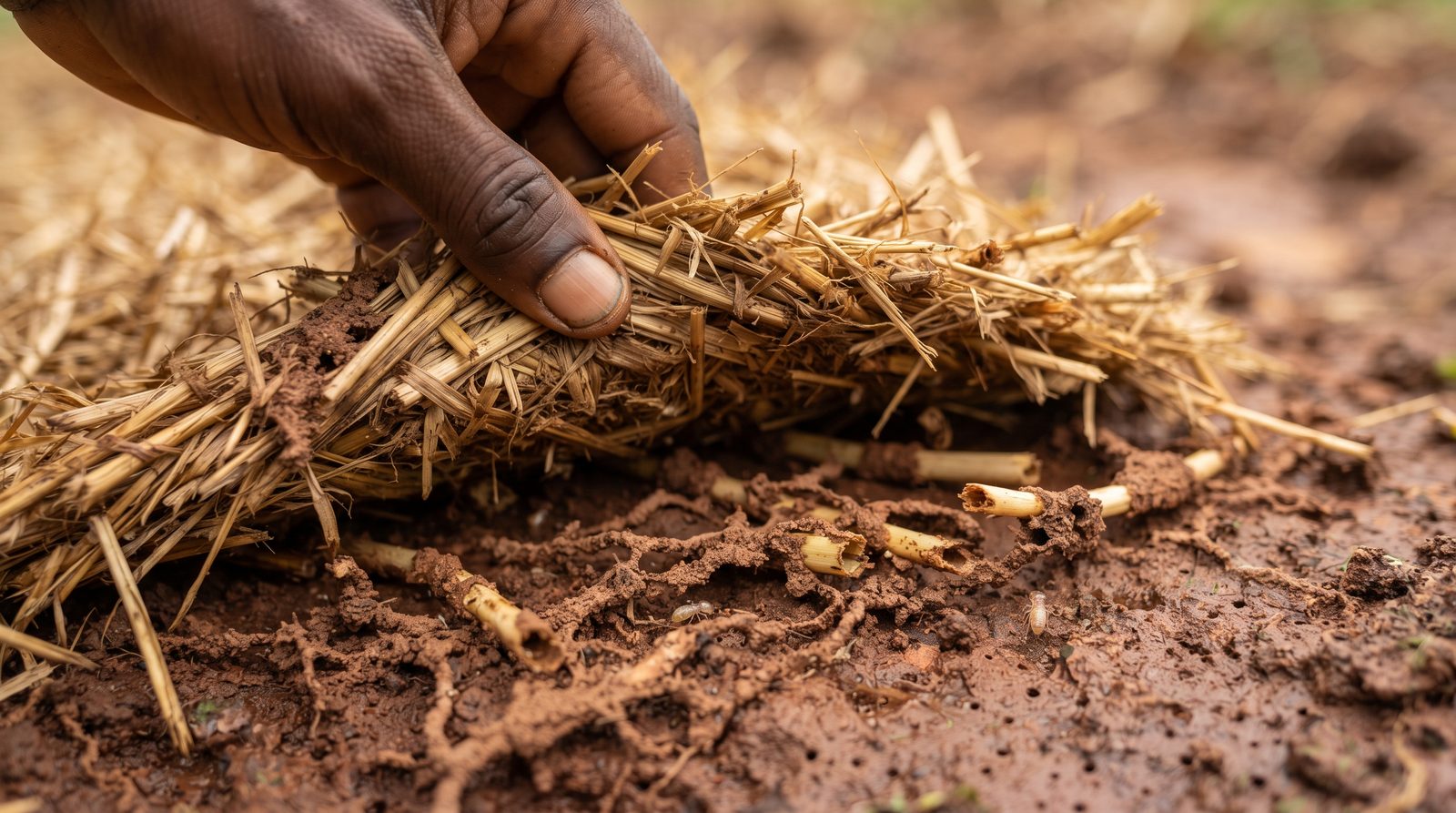 Paillis soulevé révélant des tiges rongées et des galeries de terre construites par les termites à la surface du sol
