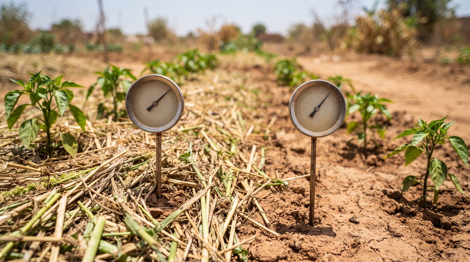 Deux thermomètres de sol plantés dans des planches de piments, l'une paillée, l'autre presque nue, au soleil de mi-journée