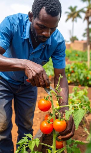 un jeune maraicher taille un pied de tomate.